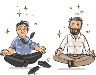 Fotobehang Meditating People. Cartoon vector drawing of a couple of men practicing together. Funny cute male characters, partners, friends or colleagues. © nataliahubbert