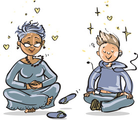 Meditating People. Cartoon vector drawing of a grandmother and her nephew practicing together. Funny cute characters or a different age.
