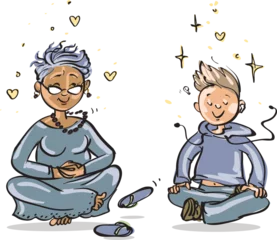 Fotobehang Meditating People. Cartoon vector drawing of a grandmother and her nephew practicing together. Funny cute characters or a different age. © nataliahubbert