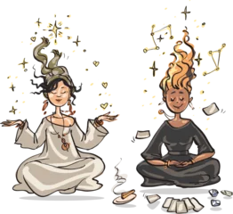 Fotobehang Meditating people. Cartoon vector illustration. Two ladies receiving the information from the Source. Soul mates. © nataliahubbert