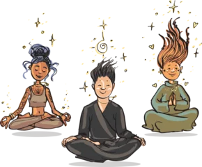 Fotobehang Meditating people. Cartoon vector illustration. Friends meditate together. Soul mates. © nataliahubbert
