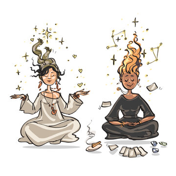 Meditating people. Cartoon vector illustration. Two ladies receiving the information from the Source. Soul mates.