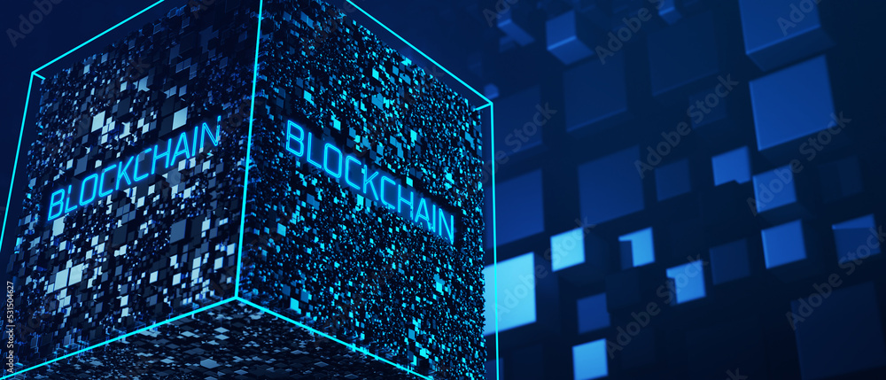 Poster blockchain technology concept. blockchain inscription on abstract cubic background. 3d render.