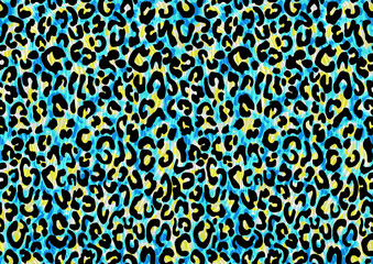 leopard skin texture. Blue, black and yellow colours, psychodelic background, seamless wallpaper