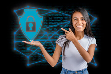 Woman hand showing cloud computing diagram. Cloud technology. Data storage and security nerwork. Networking and internet service concept.