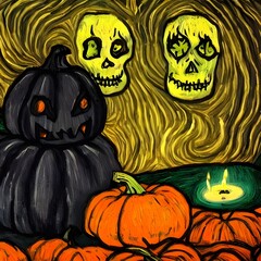 Halloween pumpkins with candles, creepy atmosphere, dark background, illustration