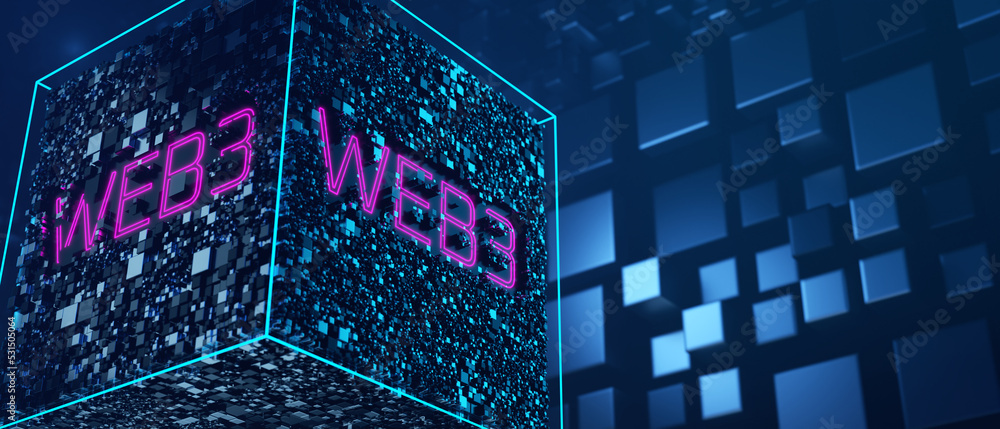 Poster web 3.0 sign on abstract and futuristic electronic cube. the concept of decentralized, technology an