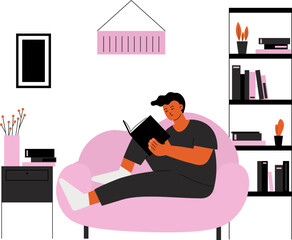Student reading book at sofa. Young man relaxing at home after work in living room. Learning or studying process, vector character at weekend