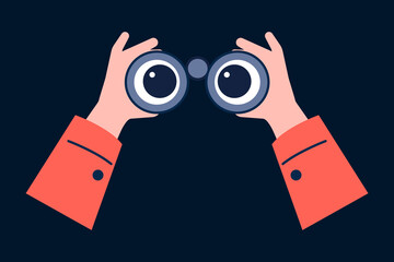 Binocular in hands. Looking and explore, searching through binoculars. Hand holding glasses with cartoon eyes. Hr or vision recent vector concept