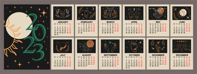Magic calendar 2023. Mystical sun, creatures, magic items. Boho style, printable poster. Vector graphics.