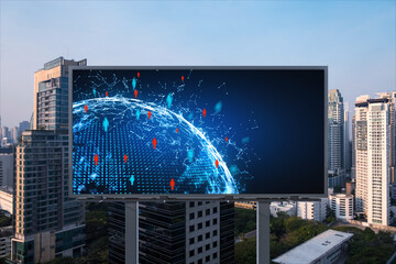 World planet Earth map hologram of social media icons over sunset panoramic cityscape of Bangkok, Southeast Asia. The concept of people connections.