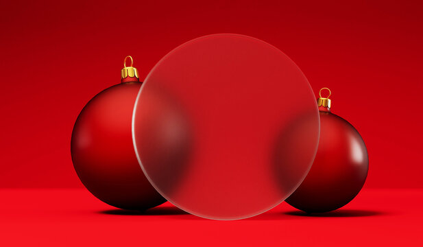 Christmas festive background. Red bauble decorations with a blank frosted glass banner. 3D Rendering