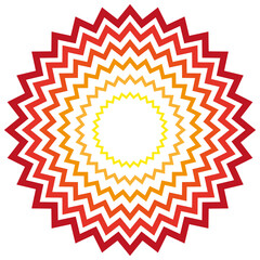 Colorful design element, shape, spiky star, sun. Zig zag lines. Isolated png illustration, transparent background for mark making, pattern, texture, overlay, montage, collage, brush, stamp.