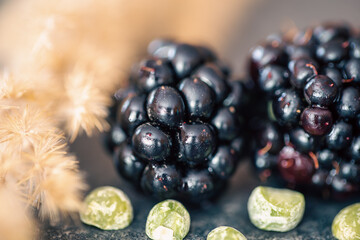 Macro shot of ripe blackberries, natural background.