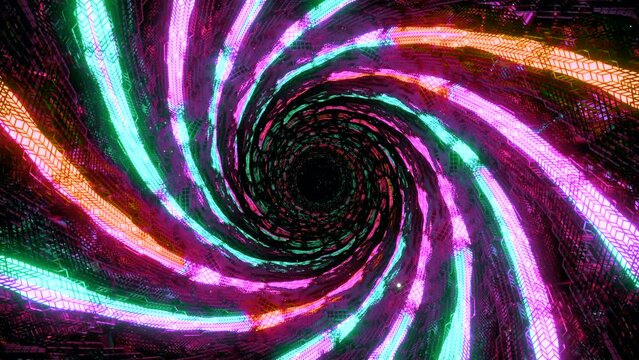 Abstract rotating neon colorful disco tunnel. Design. Led light lamps creating effect of tornado on a black background.