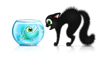 Black fluffy funny cartoon cat is shocked that the angler fish is in the aquarium