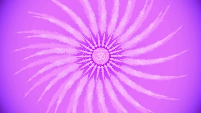 Third Eye visual for Om chant, featuring Agna and Sanskrit Aum graphics. Rotating, mesmerising meditative sound wave petals in calm violet, peaceful purple and pink with divine radiating white light. 