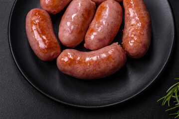 Grilled sausages with spices and herbs on a black background