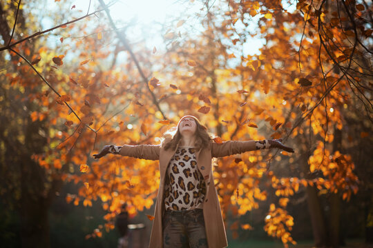 smiling trendy woman throws up autumn leaves