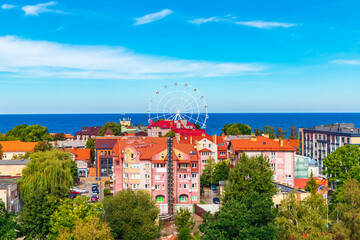 Obraz premium Zelenogradsk, small town on the Baltic Sea, aerial view.
