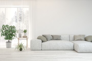 White living room with sofa and winter landscape in window. Scandinavian interior design. 3D illustration