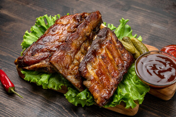 Roasted grill ribs with bbq sauce and ketchup