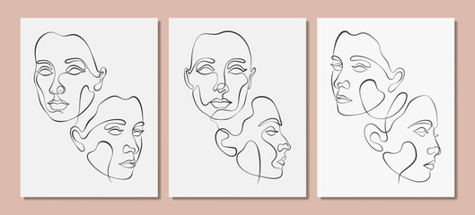 Set of vector posters with illustration of women’s line art face. Modern one line drawings with pastel colors. Sisterhood and Feminism. Illustrations for web and print.