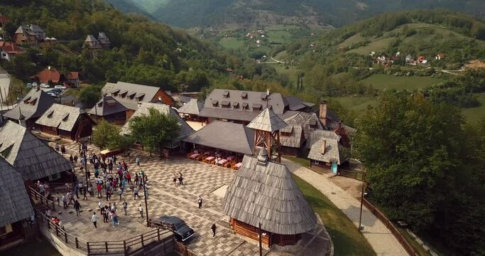 Aerial Footage Panoramic View of the Drvengrad, traditional wooden village in Serbia