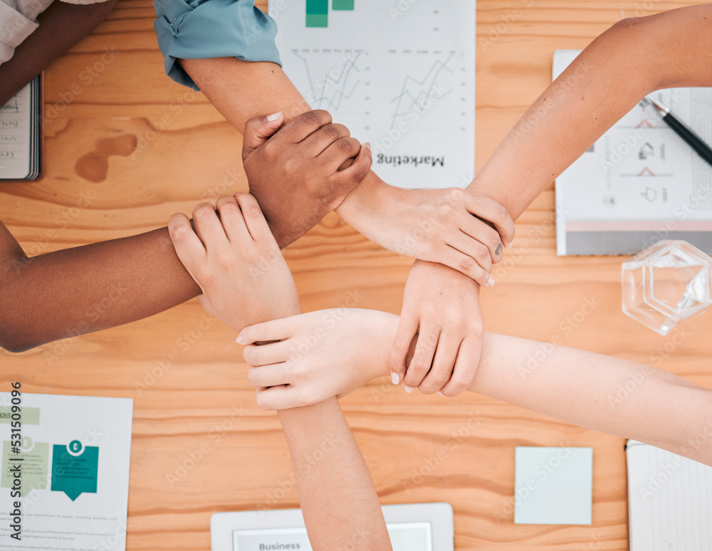 Aufkleber team building, diversity and top view of hands of business people in meeting for strategy, connectio