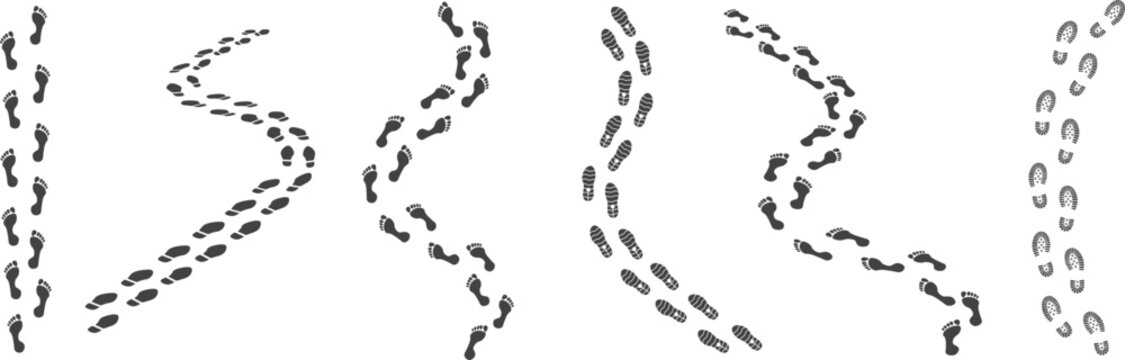 Human feet traces. Foot steps silhouettes, footstep trail track walk people footprint hiking travel path barefoot or sneaker, isolated footmark pattern, neat vector illustration