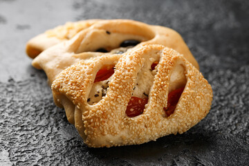Fresh Homemade pastry bread with olives, sun dried tomatoes and cheese