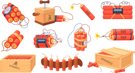 Tnt dynamite. Cartoon bomb with burning wick and explosive detonator, red stick box mining blast charge, destroy firecracker miniature fuse burning - obrazy, fototapety, plakaty
