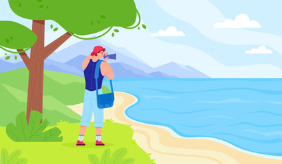 Photographer taking landscape picture. Travel cameraman making photograph amazing nature mountain seaside, tourist with discover camera, swanky vector illustration