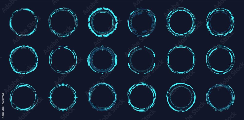 Poster hud round frames. futuristic circle portal in abstract space, techno control hologram ui elements di