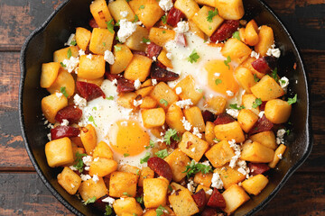 Chorizo potato hash breakfast with eggs and feta cheese in cast iron pan