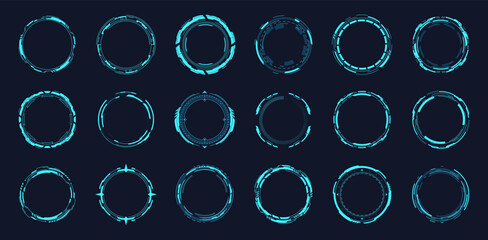 Hud round frames. Futuristic circle portal in abstract space, techno control hologram ui elements digital system sci-fi computer interface military game, garish vector illustration - obrazy, fototapety, plakaty