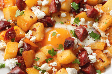 Chorizo potato hash breakfast with eggs and feta cheese