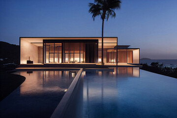 Fototapeta premium Modern angular luxury tropical villa with a swiming pool 