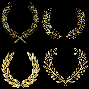 Illustration Vector Set Of Laurel Wreath With Gold Gradient. For Navy Or Military Design.