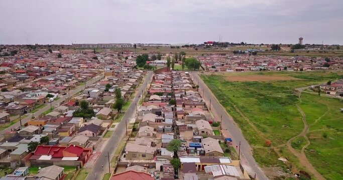 Aerial drone view of the townscape of Soweto with old buildings