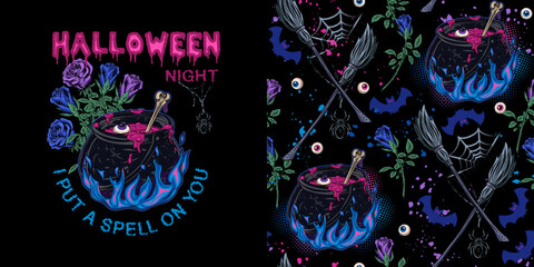 Set of halloween pattern and logo with witch cauldron with bubbling pink potion, magic blue fire, human eyeballs, broom, roses, spider, bat, halftone, text. Magic symbol of witchcraft CMYK blue colors