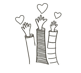 Volunteers and charity work. Raised helping hands. Vector hand drawn doodle illustrations with a crowd of people ready and available to help and contribute. Positive foundation, business, service. © Sofia