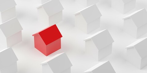 Group of small white houses on white background with one red standing out, real estate or housing concept
