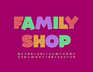 Vector bright banner Family Shop. Creative textile Alphabet Letters and Numbers set. Colorful Jeans Font. 