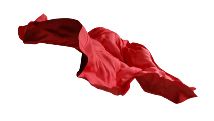 Fotobehang 3d render of abstract red cloth falling. Silk drapery flies away. © wacomka
