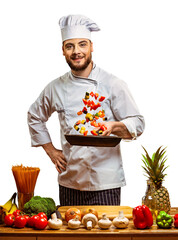 Cook with a frying pan and vegetables on a white background. Isolate