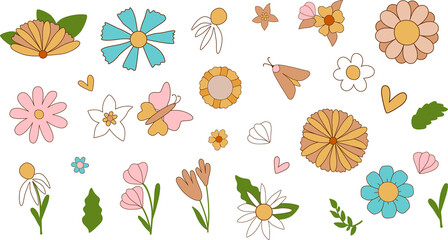 PNG, transparent Groovy flowers set. Retro 70s floral graphic elements isolated collection. Hippie flowers, butterfly, flower power pastel design. Groovy decorative daisy illustration. 60s retro