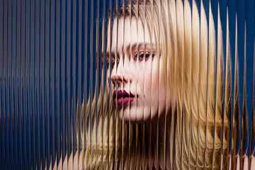Fashion model behind striped glass, corrugated glass. High fashion effects. Blonde in a red dress, red lipstick. Illusion, special effects, visual object duplication. Blue background 