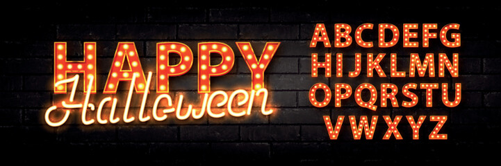 Vector realistic isolated neon sign of Happy Halloween with easy to change color alphabet font on the wall background.