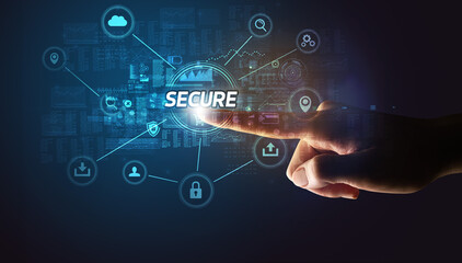 Hand touching cybersecurity button concept